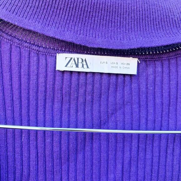 Zara Choker Cropped Rib Knit Cut Out Wrap Sweater Purple Small Top Long Sleeve - Picture 6 of 10